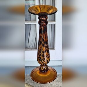 Vintage Murano Style Amber Swirl Candle Holder, Art Glass Pedastal